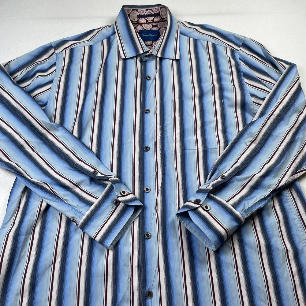 Tommy Bahama Shirt Men's Large Multicolor Striped Cotton Long Sleeve Button-Up